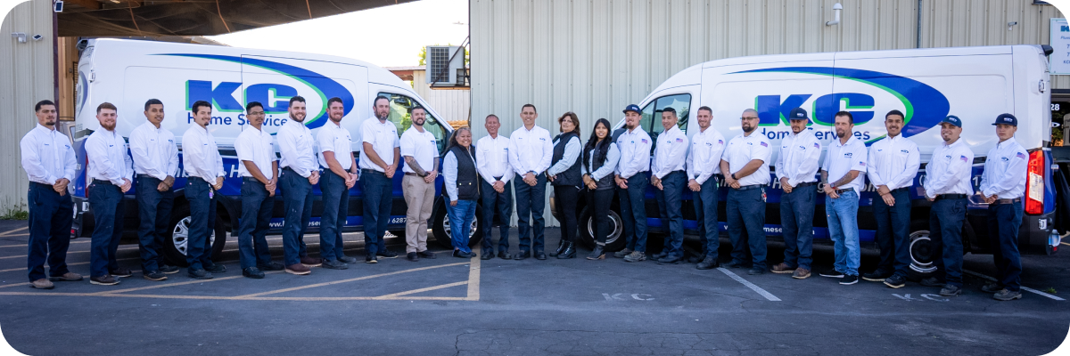 men and women in white shirts lined up and smiling in front of white vans